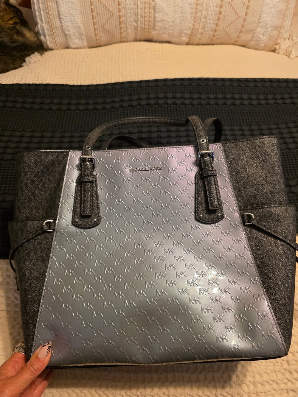 Michael Kors MK Logo Tote in Metallic Gray